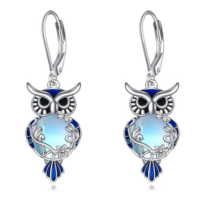 Sterling Silver Moonstone Owl Dangle Earrings Jewelry Gifts for Women & Girls