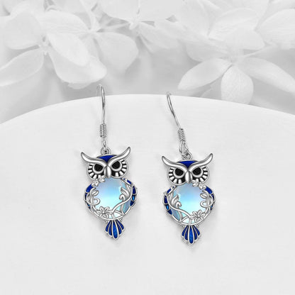 Sterling Silver Moonstone Owl Dangle Earrings Jewelry Gifts for Women & Girls