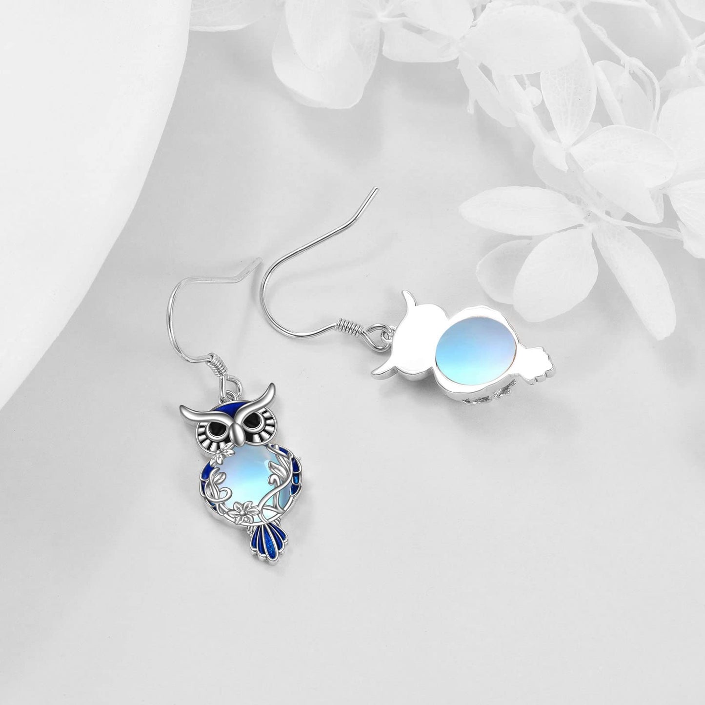 Sterling Silver Moonstone Owl Dangle Earrings Jewelry Gifts for Women & Girls