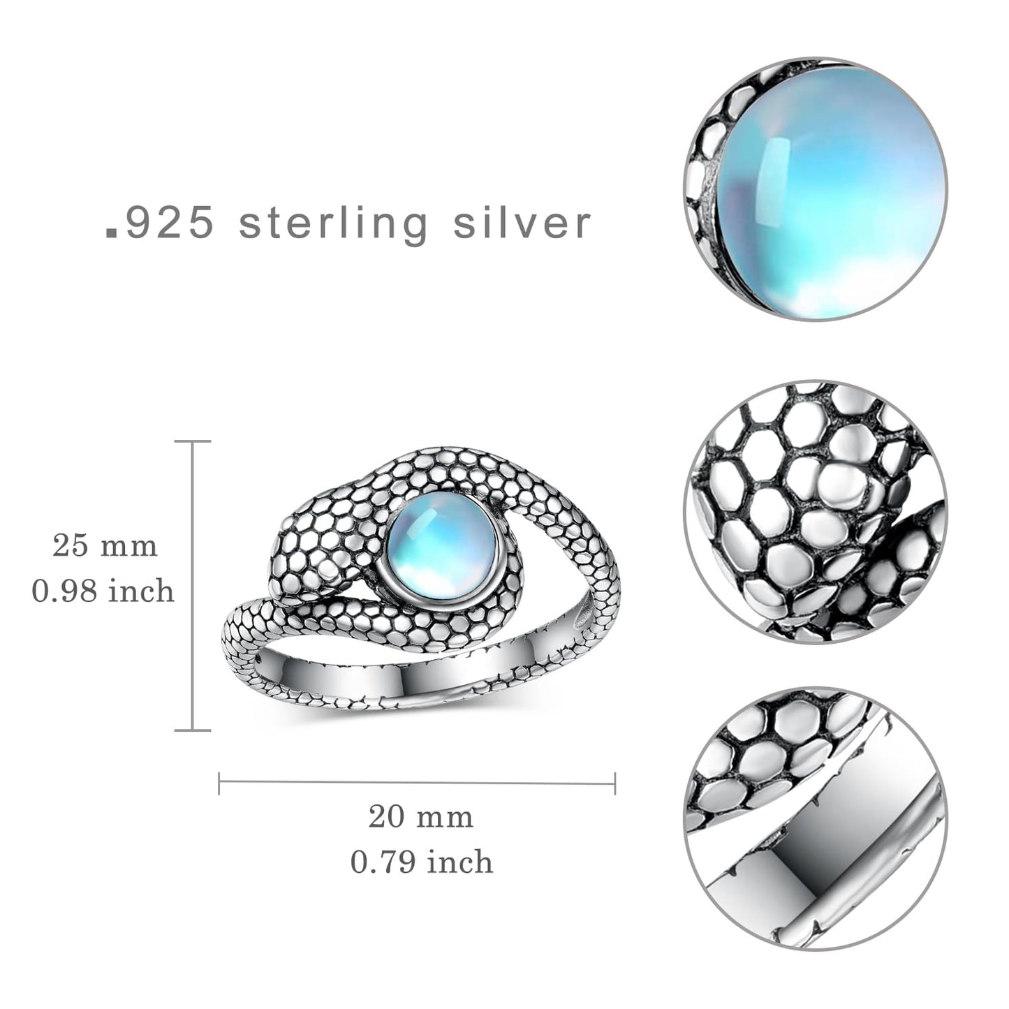 Moonstone Sterling Silver Snake Ring Jewelry Gifts for Women  & Men