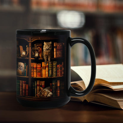 15 oz Coffee Mug with Cats & Books