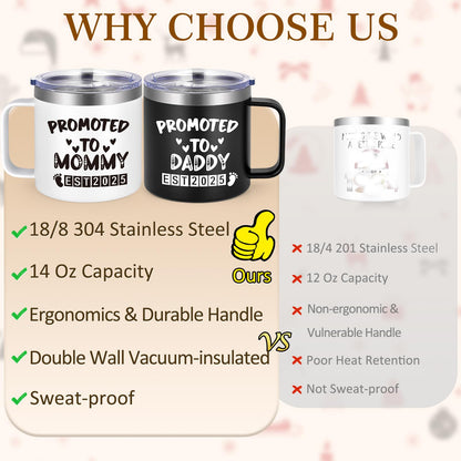 14 oz LiqCool "Promoted to Daddy/Mommy" Coffee Cups for Parents, His & Hers