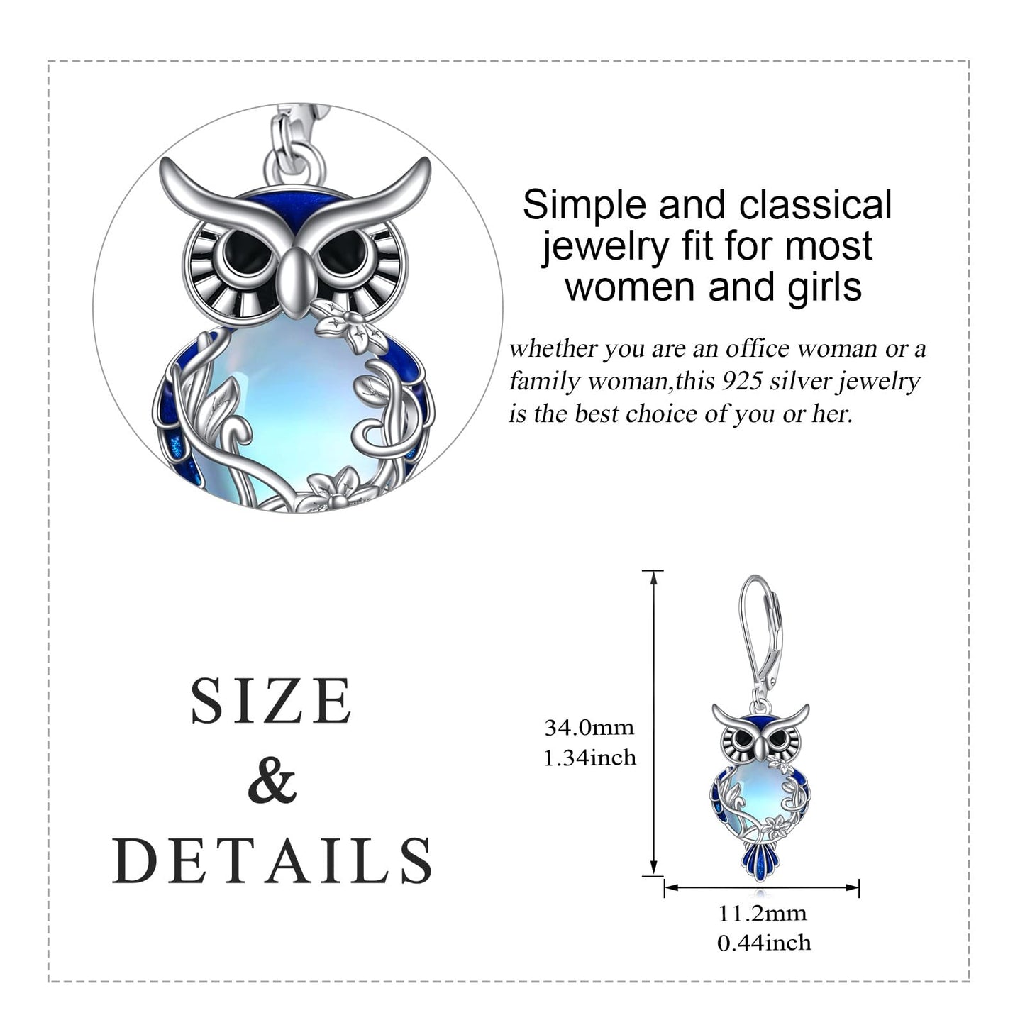 Sterling Silver Moonstone Owl Dangle Earrings Jewelry Gifts for Women & Girls