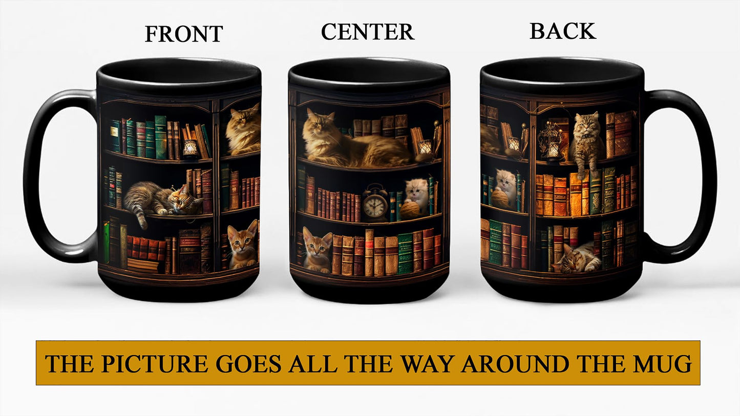 15 oz Coffee Mug with Cats & Books