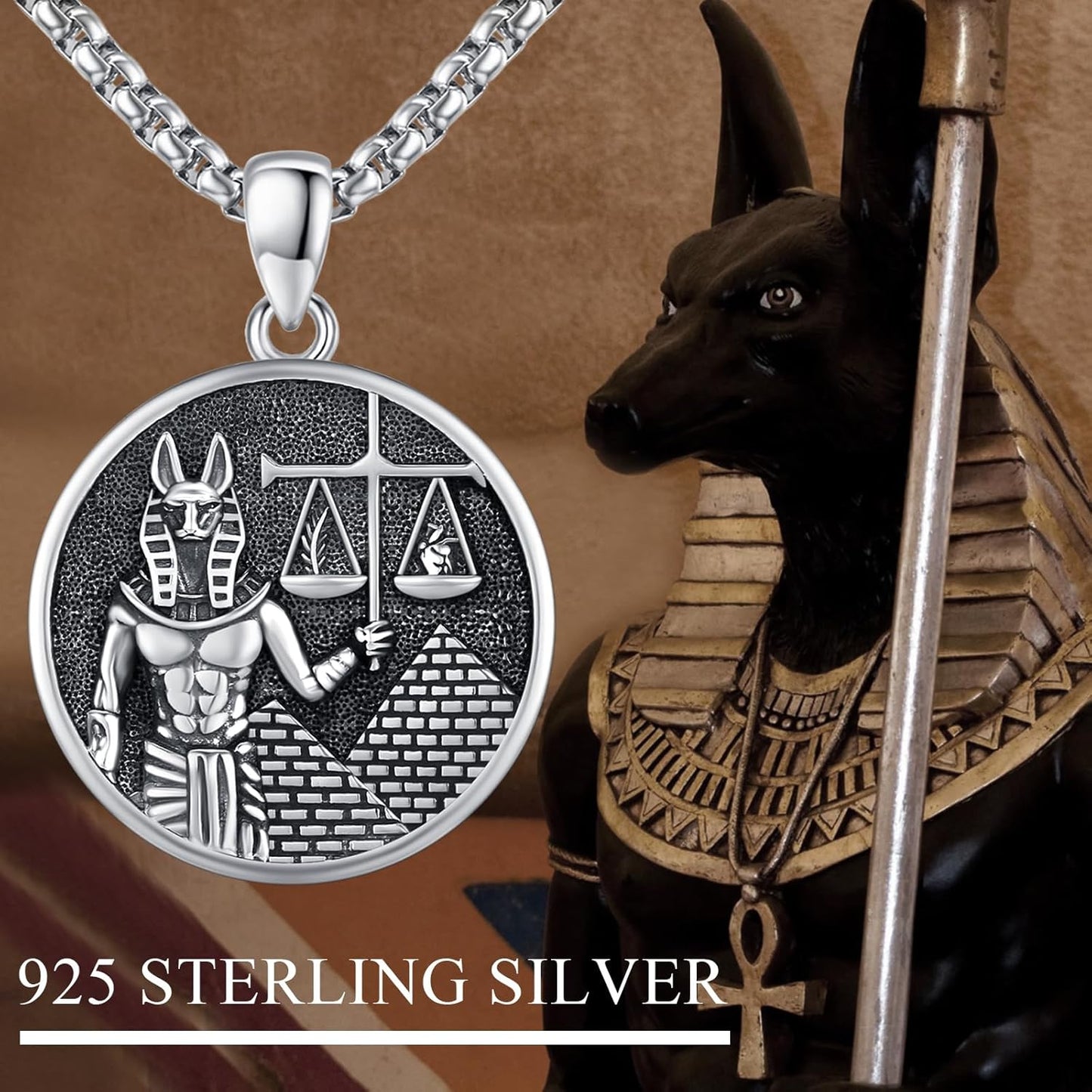 TRISHULA Sterling Silver Egyptian Anubis Pendant Necklace Guardian of the Dead