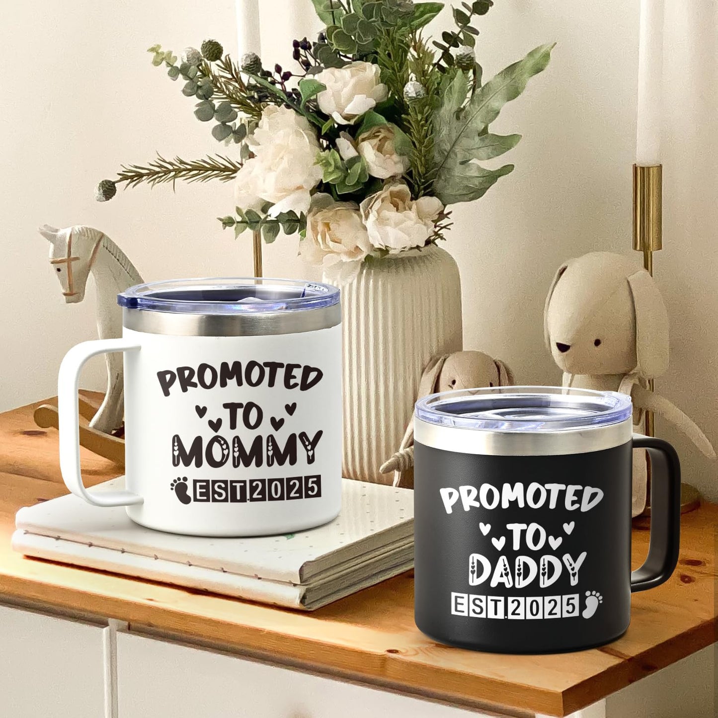 14 oz LiqCool "Promoted to Daddy/Mommy" Coffee Cups for Parents, His & Hers