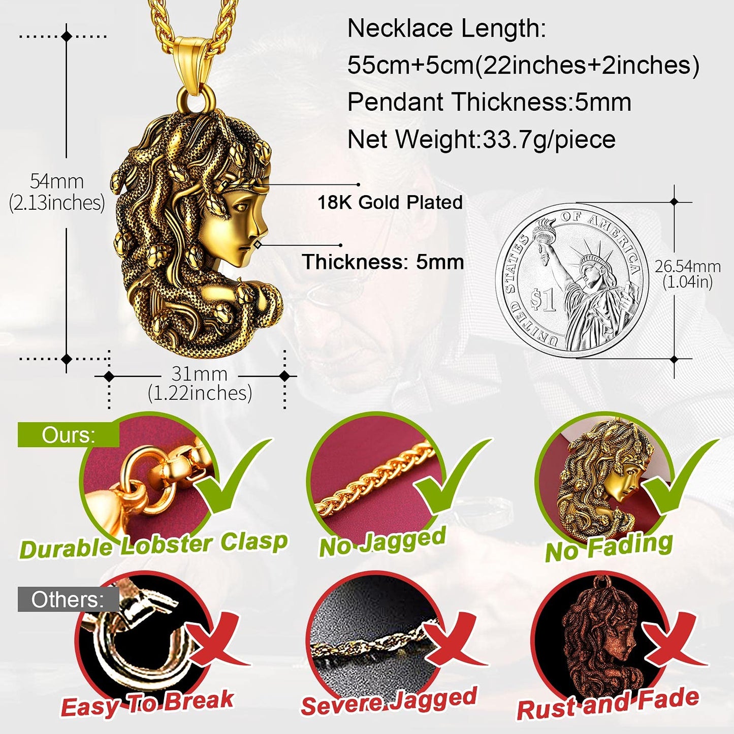 18K Gold Plated Medusa Pendant Necklace